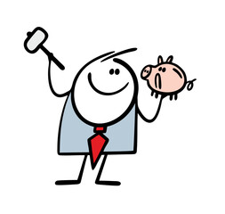 Satisfied business swings a hammer and wants to break a piggy bank and get savings, coins and money. Vector illustration of financial assistance in difficult times.