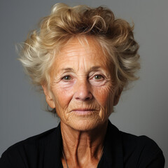 A captivating studio headshot of an intrigued 81-year-old Caucasian woman.