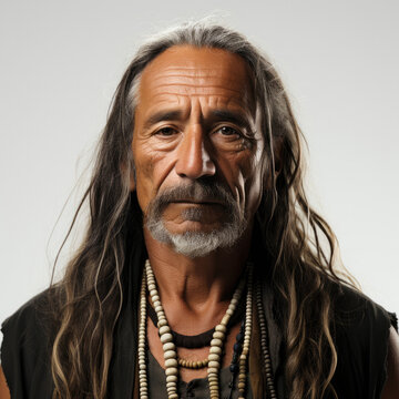 Professional studio head shot of a 55-year-old Native American man with neutral expression, looking up.