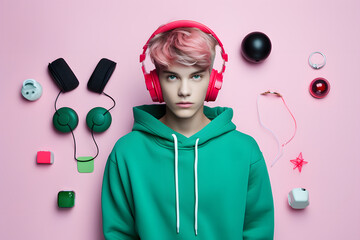 Colorful studio portrait of a cool teenager boy with age specific outfit and accessories. Bold, vibrant and minimalist. Generative AI