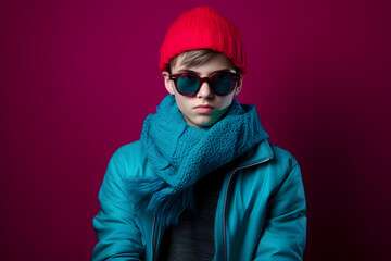 Colorful studio portrait of a cool teenager boy with age specific outfit and accessories. Bold, vibrant and minimalist. Generative AI