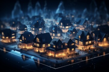 Real estate concept. 3D illustration of a small town on a dark background