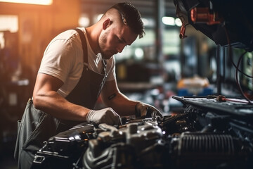 Fototapeta na wymiar Auto mechanic working on car engine in mechanics garage. Repair service