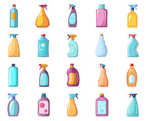 Household chemicals bottle vector illustration flat icon set on white background. Contains like detergent, cleaner, washing powder and softener.