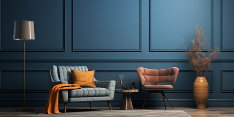 Interior with blue wall, armchair and coffee table, 3d render