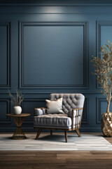 Classic blue interior with armchair and vase. 3d render