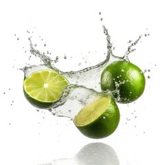 Lime and water splash on white background