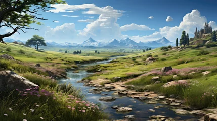 Foto op Canvas A hyper-realistic depiction of a fantasy grassland in spring, with wildflowers and small ponds. © GraphicsRF