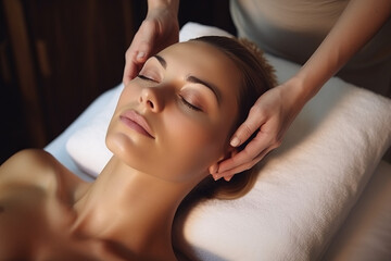 Obraz na płótnie Canvas Beautiful young woman receiving facial massage. Top view