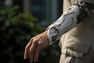 Back view of a man with a prosthetic hand using