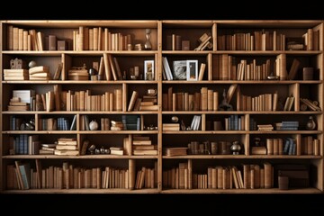 Wooden bookshelf with books in dark room. Toned.