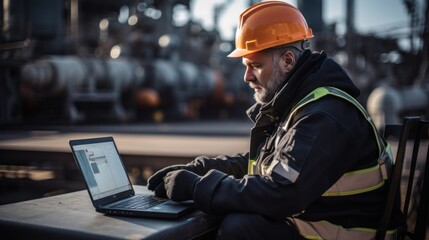 Factory worker in oil refinery using laptop computer for maintenance work - obrazy, fototapety, plakaty