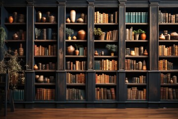 Wooden bookshelf in the library. 3d rendering.