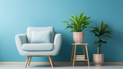 Cozy armchair, shelves and houseplants near a blue wall