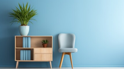 Cozy armchair, shelves and houseplants near a blue wall
