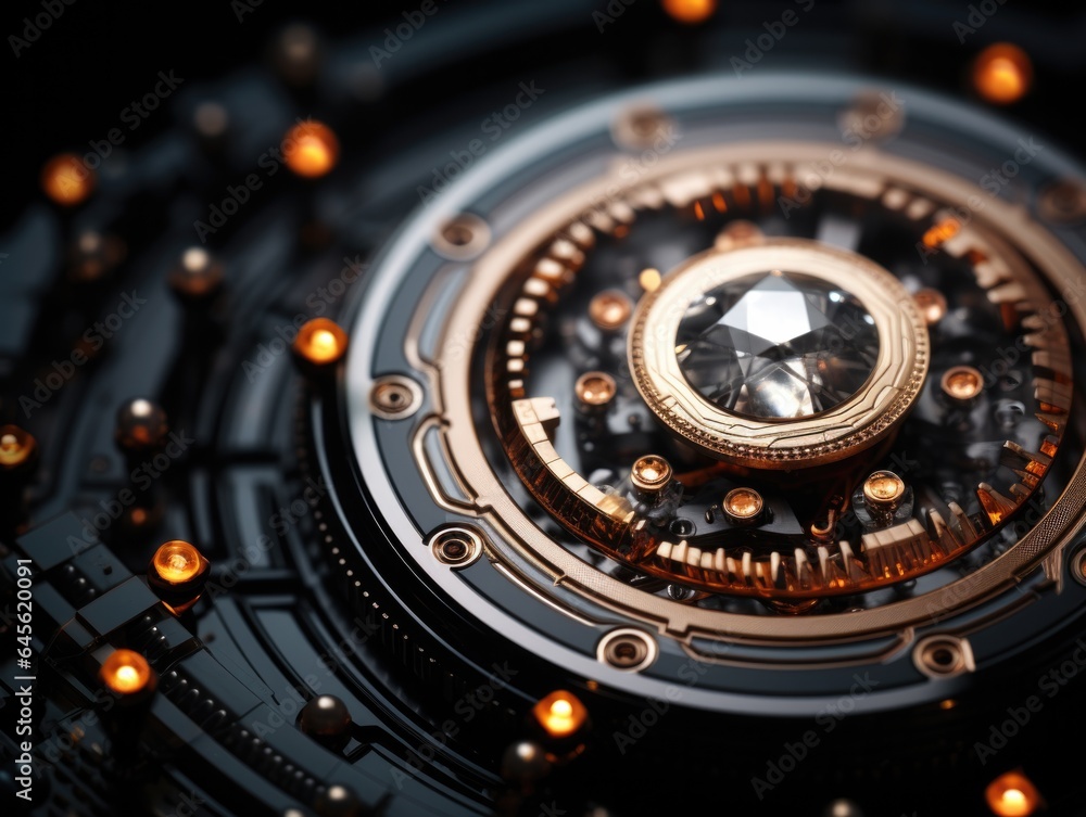 Poster a close up of a clock on a black surface. generative ai.