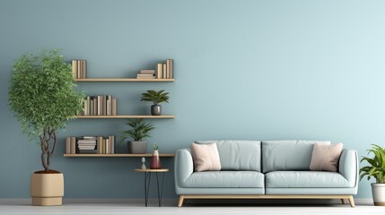 Cozy armchair, shelves and houseplants near a blue wall