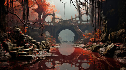 Experience the beauty of a hyper-realistic fantasy swamp in autumn, where fiery red trees and ancient rocks hold muddy waters and hidden secrets.