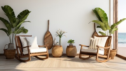 Comfortable wooden chairs with cushions and a fruit basket on a surfboard in the living room.