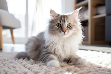 Cute cat near litter box in room