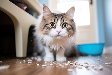 Cute cat near litter box in room