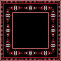 Vector illustration of Ukrainian ornament in ethnic style, identity, vyshyvanka, embroidery for print clothes, websites, banners. Background. Geometric design, border, copy space, frame