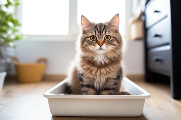 Cute cat near litter box in room