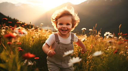 Kleinkind rennt durch ein Blumenfeld KI - obrazy, fototapety, plakaty