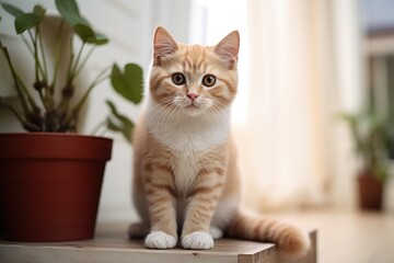 Cute cat near litter box in room