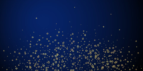Gold sparkling star confetti. Chaotic dreamy childish overlay template. Festive stars vector illustration on dark blue background.