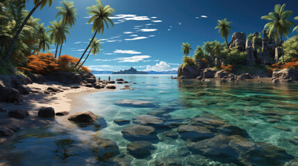 Hyper-realistic beach scene with bright sun, palm trees, and golden sands.