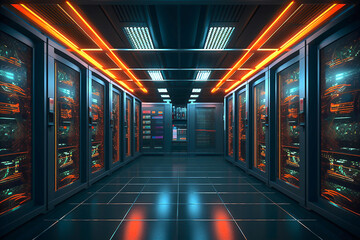 Server room with computers and brightly colored lights. Technology data center.