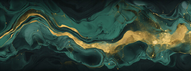 Abstract marble texture,marbled ink painted painting texture luxury background banner. Black green waves gold painted splashes