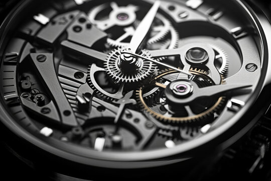 Black and white close view of watch mechanism