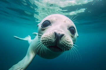 the seal swims underwater with sparkling eyes and looks at the camera.