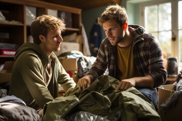 Fototapeta premium Male students unpacking clothes in dorm room on moving day