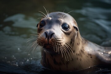  gray seal in the water with sparkling eyes watches everything - obrazy, fototapety, plakaty