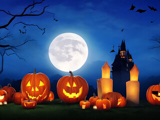 Fototapeta premium Halloween background with scary pumpkins candles AI Generated