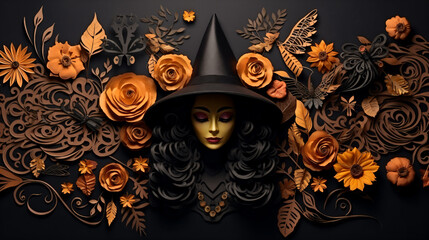 Halloween decoration background, witch rose paper cutout, horror concept atmosphere background