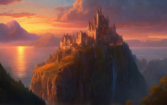 Fairytale castle against the background of a beautiful sky, landscape.