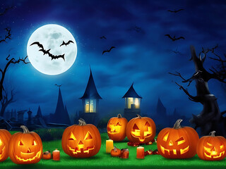 Fototapeta premium Halloween background with scary pumpkins candles AI Generated