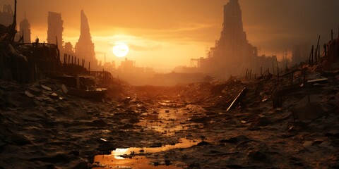 post apocalyptic city ruins buried in the desert sand, epic alien planet landscape - obrazy, fototapety, plakaty
