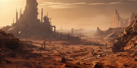 Fototapeten post apocalyptic city ruins buried in the desert sand, epic alien planet landscape © Riverland Studio