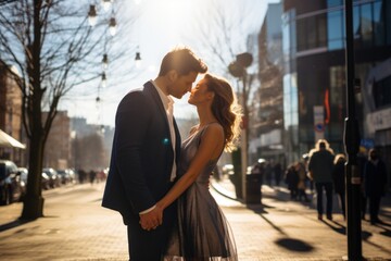Young married couple having a photoshoot in the city