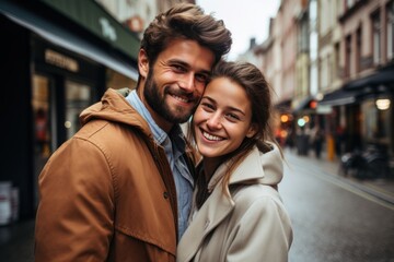 Fototapeta premium Young married couple having a photoshoot in the city
