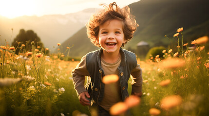 Ein Kind läuft im Blumenfeld KI