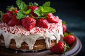 Strawberry cake with whipped cream and fresh strawberries, selective focus.Generative Ai