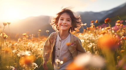 Ein Kind läuft im Blumenfeld KI - obrazy, fototapety, plakaty