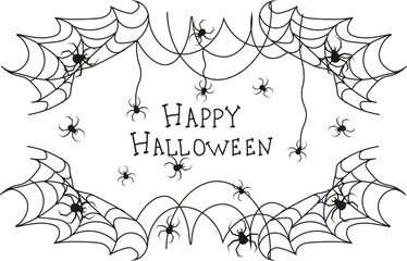 Creepy Halloween banner with cartoon hand drawn  Spider Web and copy space. Design of Halloween poster, card, banner, invitation cover with inscription. Vector illustration. Frame from Spider web.