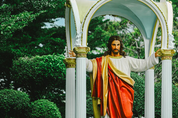 Jesus Christ statue at the entrance of the Catholic Church in Thailand.